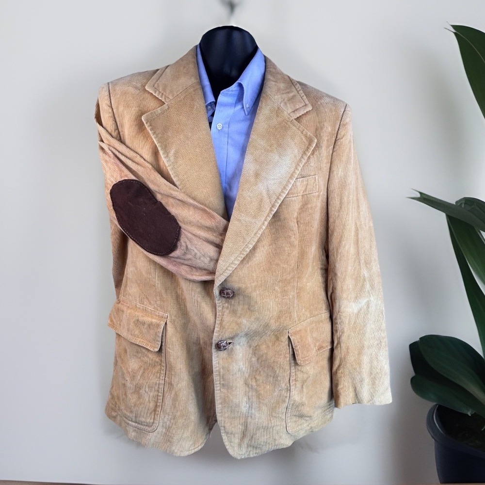 Vintage Blazer‎ Sport Coat 46R* Jacket Tan Corduroy Elbow Patches Distressed